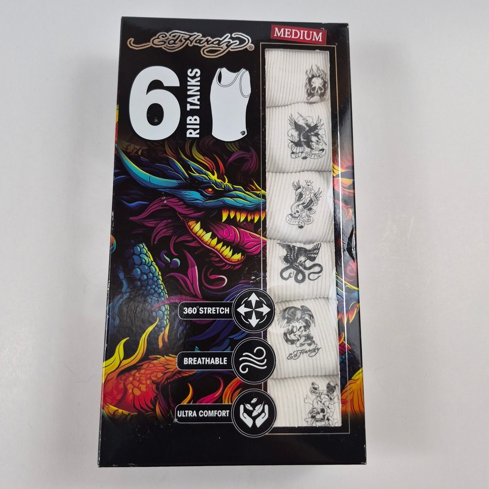 Ed Hardy Mens 6 Pack Ribbed Tank Tops White Tattoo Graphic Medium NIB